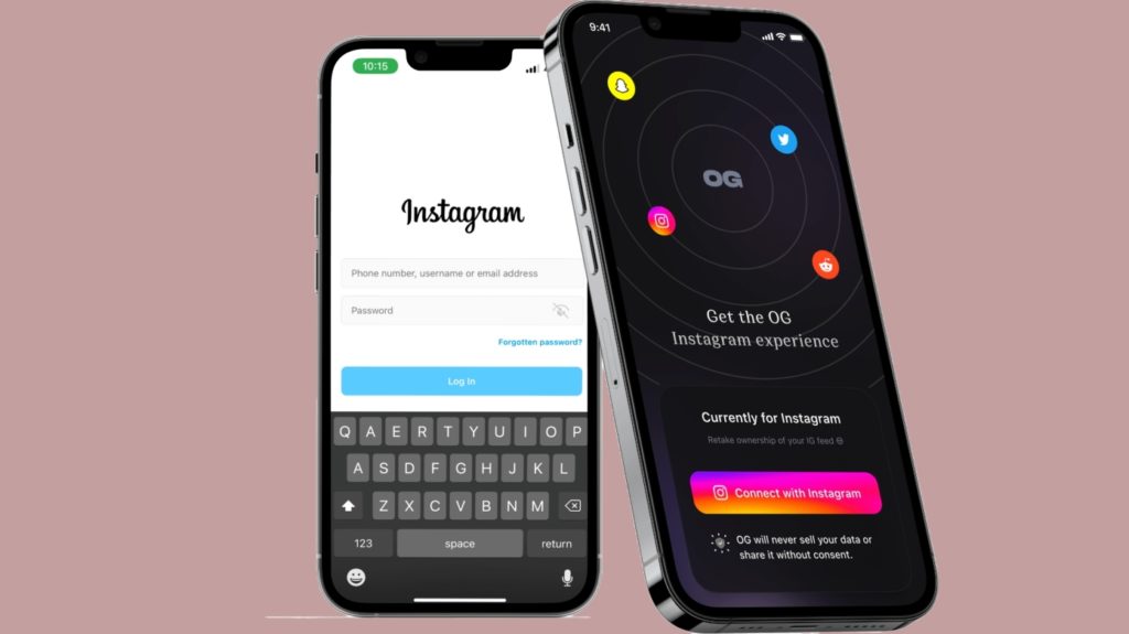 Illustrasjon av The OG App og Instagram sine startsider